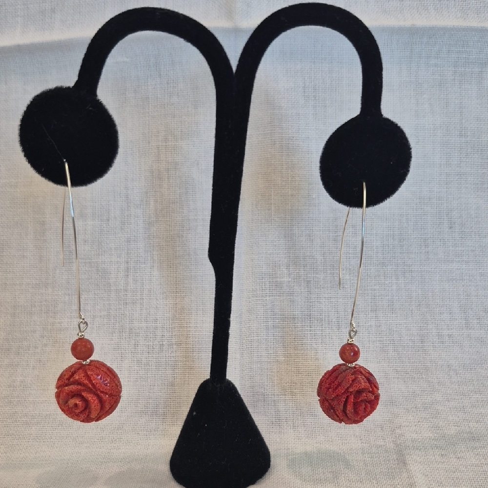 Handcrafted Red Carved Rose Coral And Sponge Coral Drop Earrings - Women Jewelry